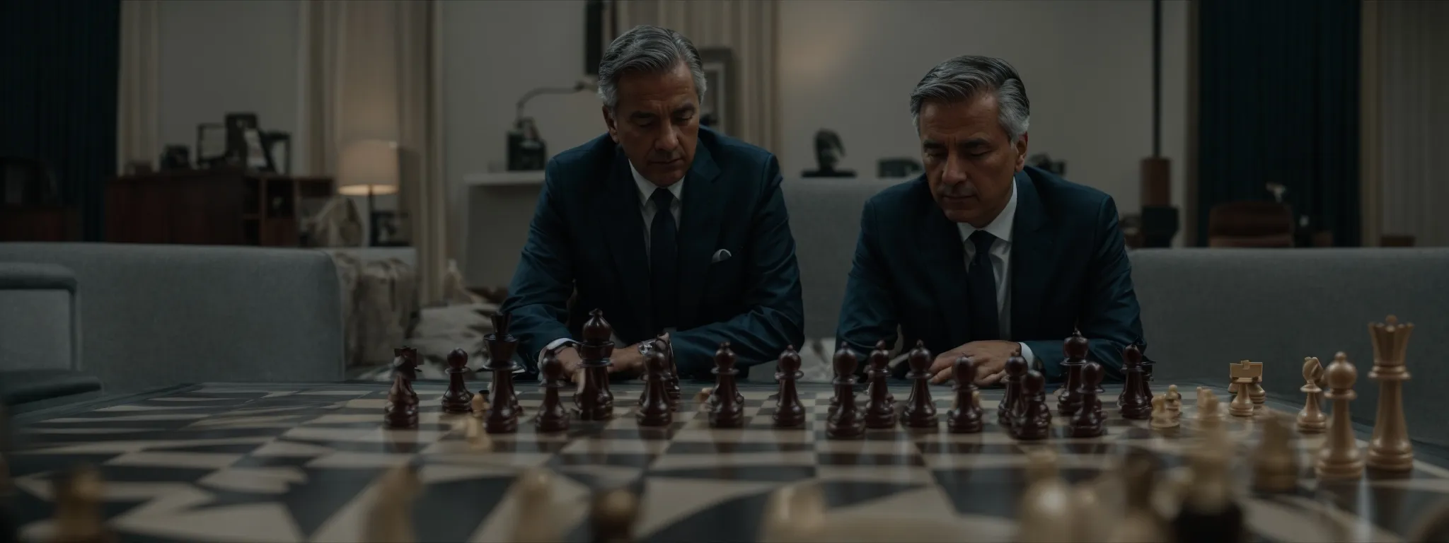 two businessmen examining a large chessboard, pondering their next strategic move.