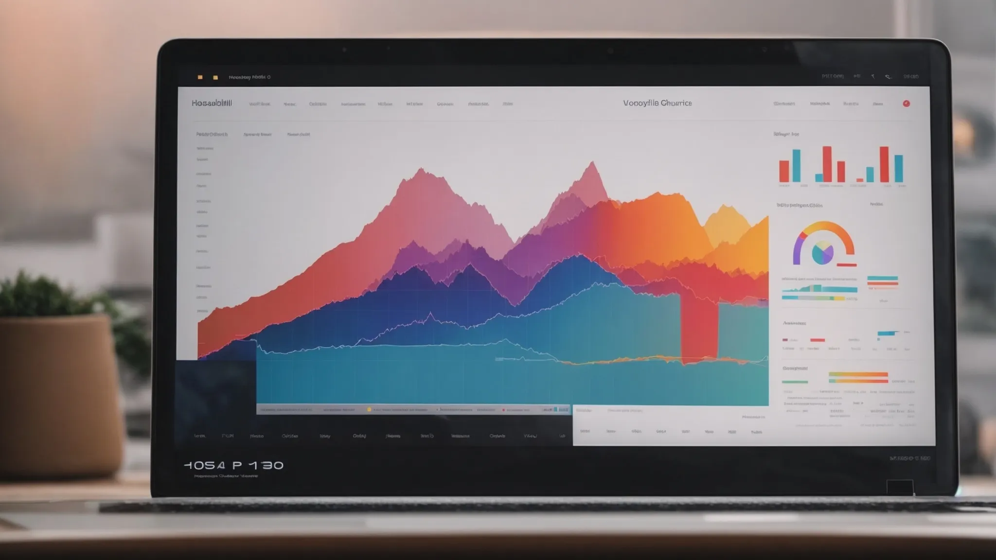 a browser on a laptop screen displaying colorful graphs and keyword analysis charts.
