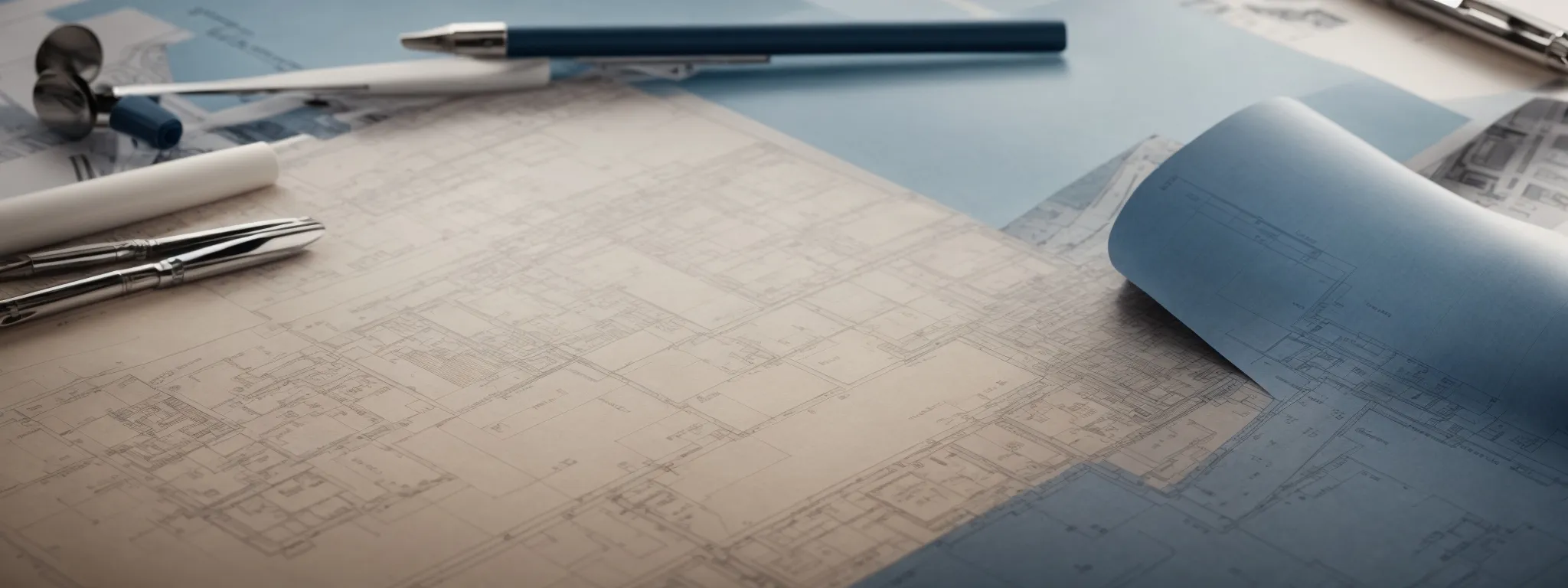 a blueprint on a table with various architectural tools, symbolizing strategic planning and construction.