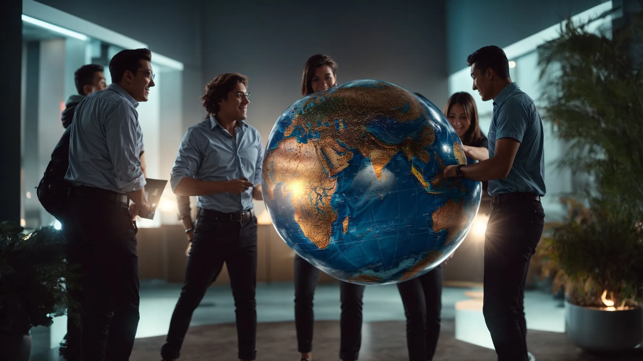 a team of marketers jubilantly strategizes around a glowing globe, symbolizing global seo dominance.