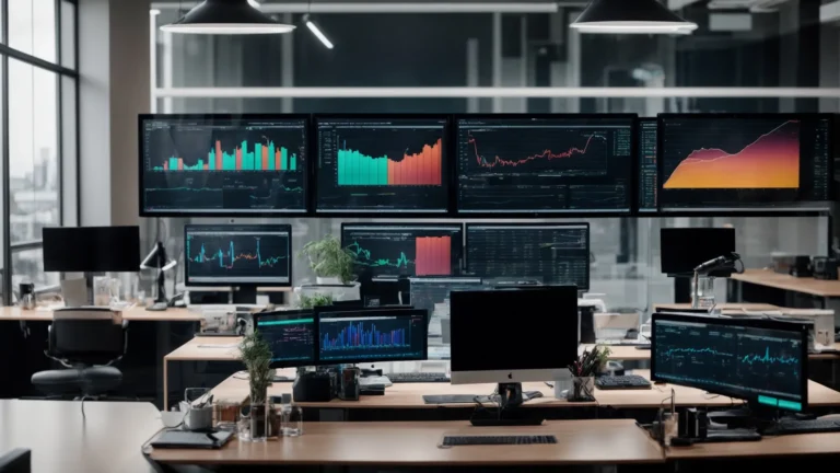 a panoramic view of a sleek, modern office with multiple computer screens displaying colorful graphs and data analysis dashboards.