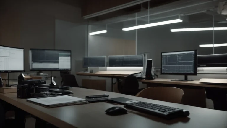 two desks with clearly distinct branding elements face each other with computer monitors showing competing data analyses.