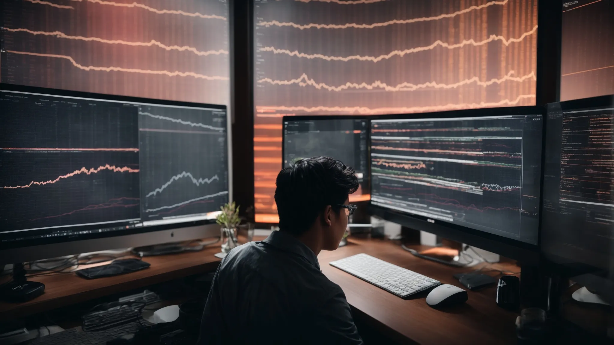 a person gazes at a large computer screen filled with graphs and lists of popular search terms.