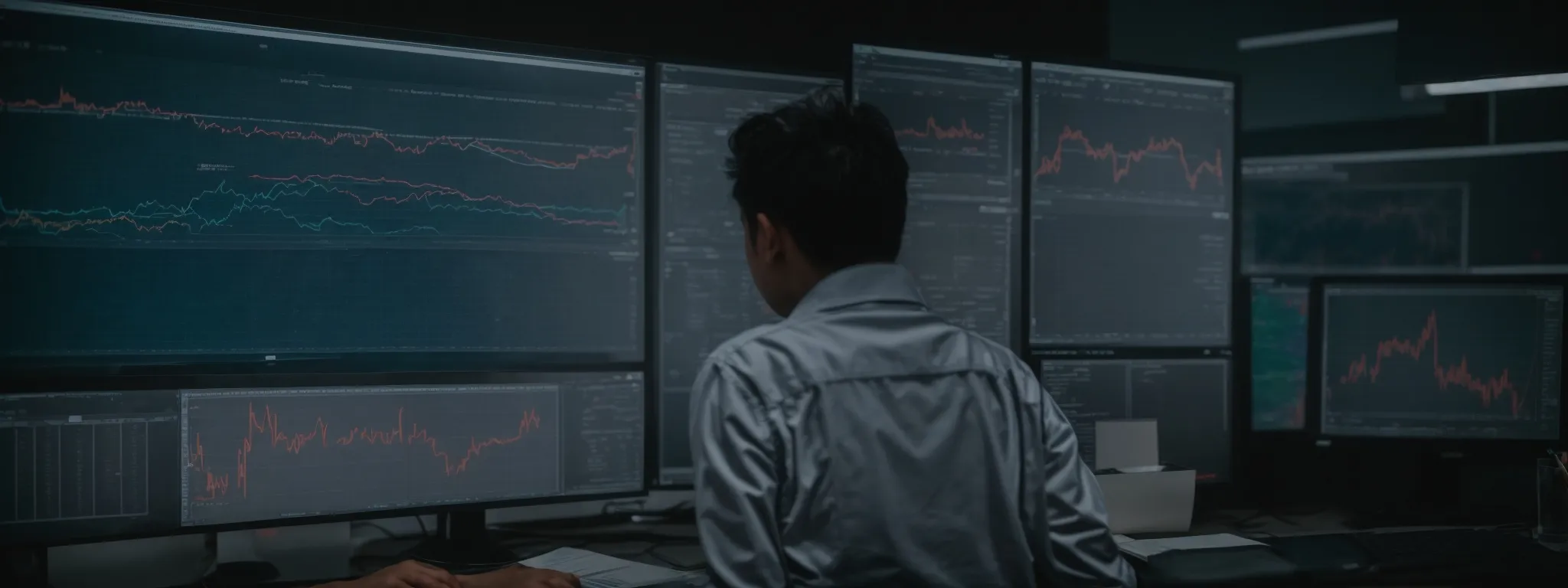 a person intently studying graphs and charts on a computer screen displaying keyword trend analysis.