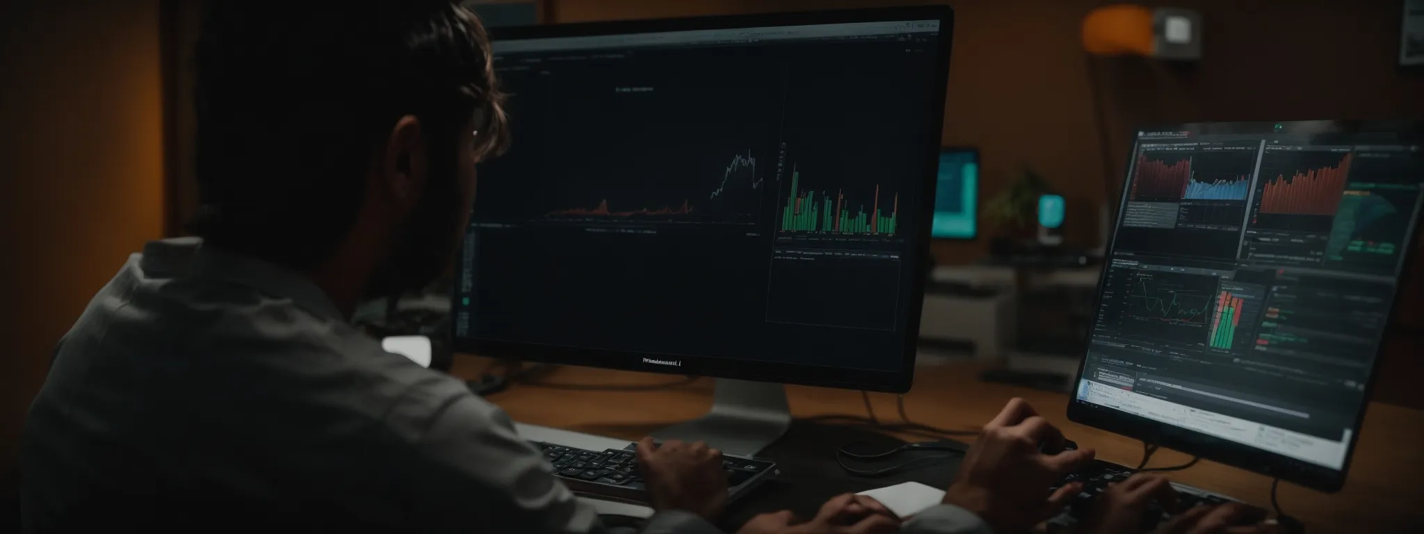a marketer reviews detailed analytics on a computer screen, highlighting competitive keyword rankings.