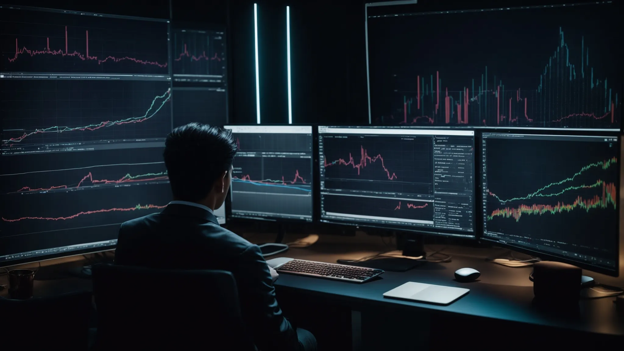 a person sitting before a computer with graphs and search bars on the screen, analyzing digital marketing data.