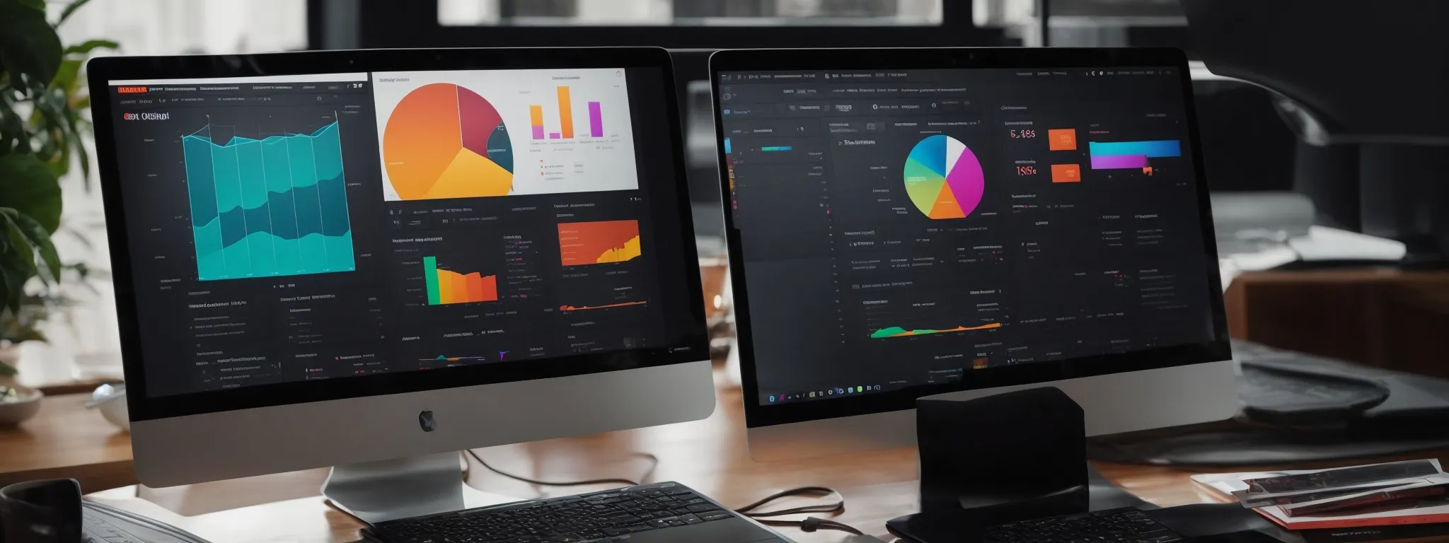a desktop with an open laptop displaying a colorful analytics dashboard, surrounded by marketing strategy reports and a cup of coffee.