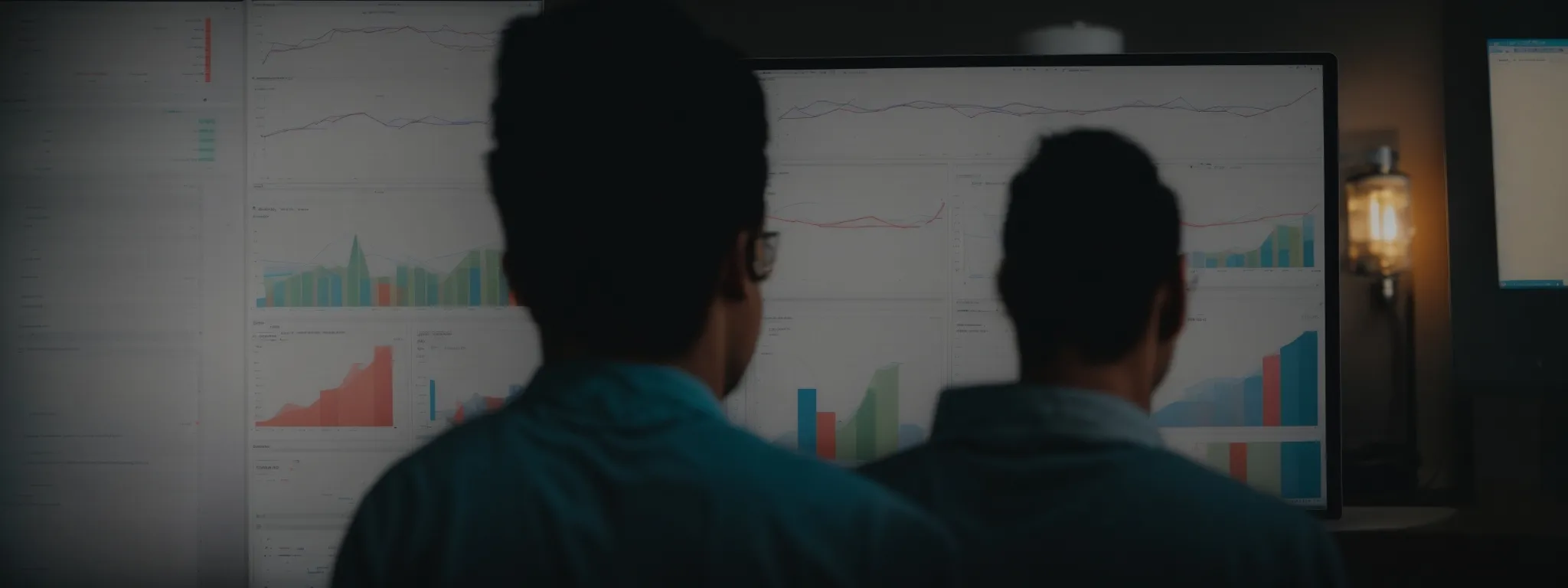 a person intently studying graphs and charts on a computer screen, representing seo performance metrics.