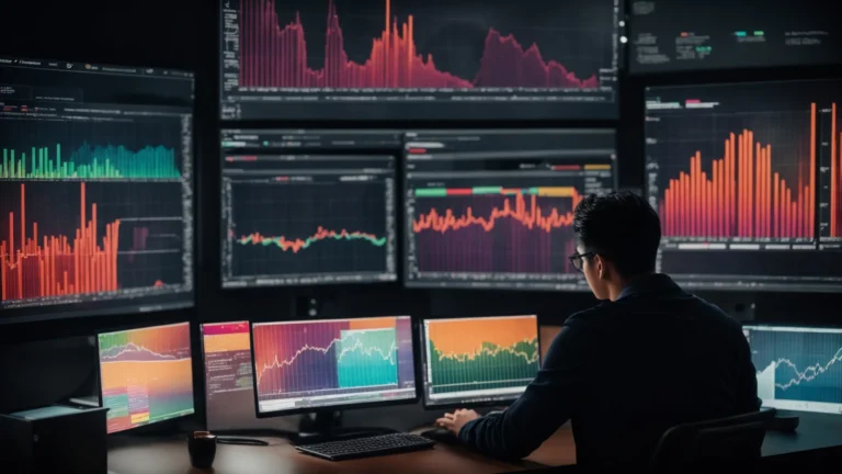 a person sits at a computer, analyzing colorful graphs and charts that represent search engine keyword data.