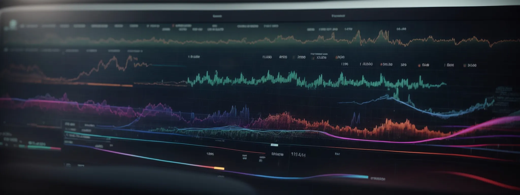 a panoramic dashboard displaying a colorful array of intricate graphs that illustrate keyword performance trends.