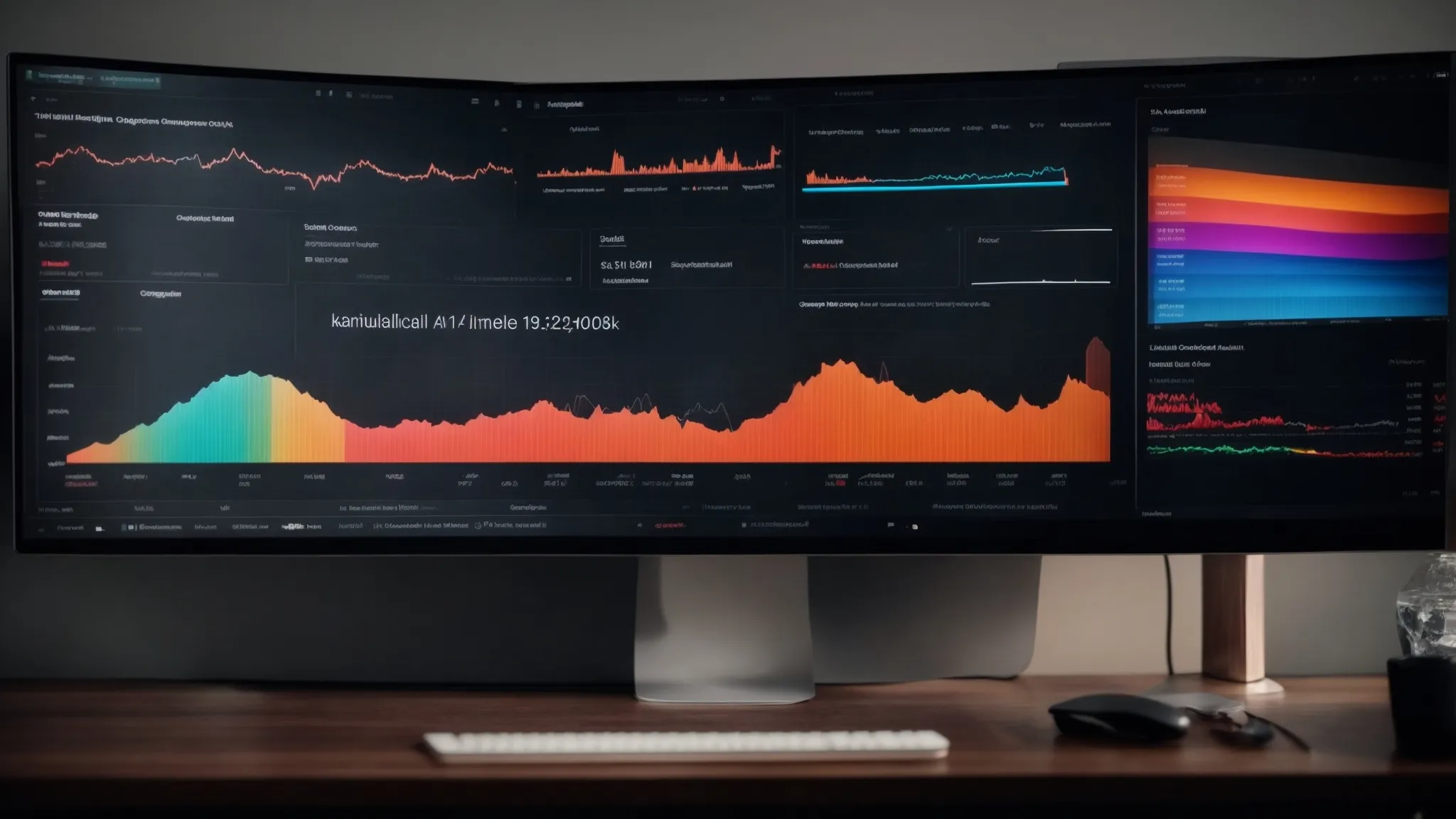a computer screen displaying colorful analytics graphs and keyword rankings on a search engine optimization tool.