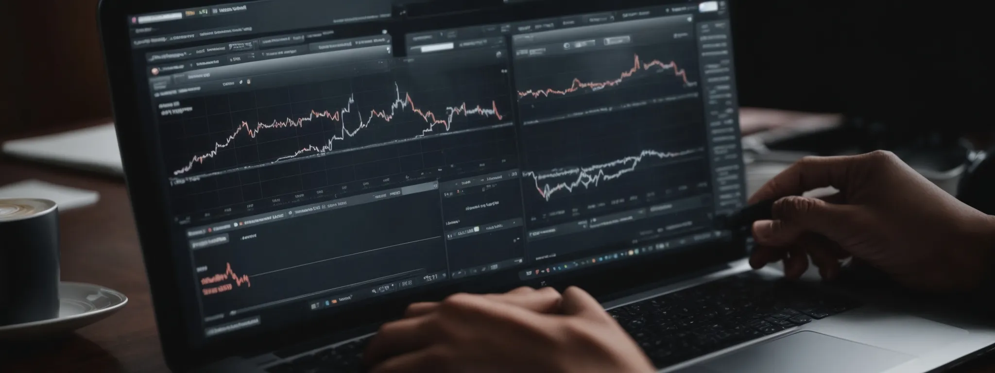 a person working on a laptop with various charts and graphs on the screen, displaying seo analytics and keyword trends.