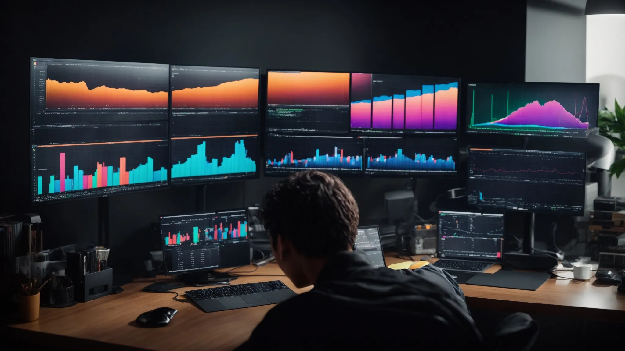 a person using multiple monitors displaying colorful graphs and keyword analytics on a sleek, modern desk setup.