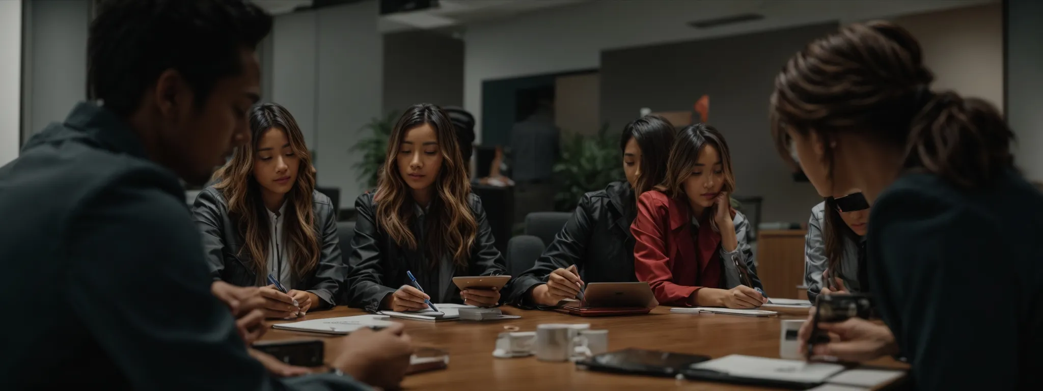 a group of focused individuals gather around a conference table engaging with digital devices and notepads during an seo workshop.