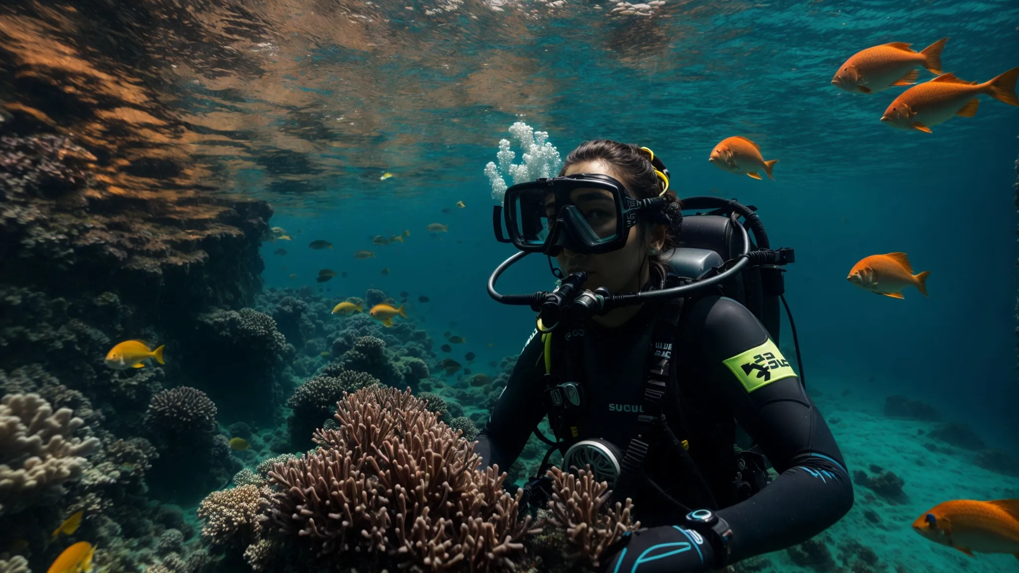 a person floating with scuba gear amidst coral reefs, symbolizing the exploration into the depths of keyword analysis.