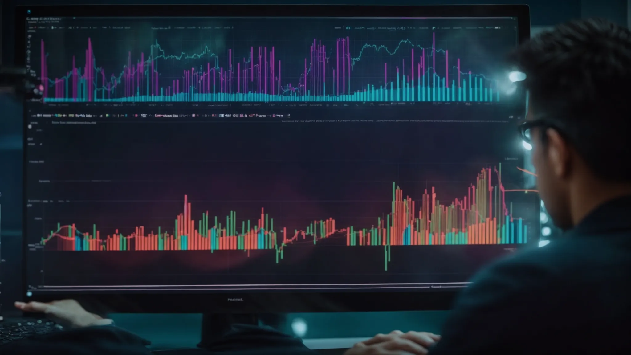 a marketer analyzes a colorful graph on a computer screen showing search engine ranking positions and keyword performance trends.
