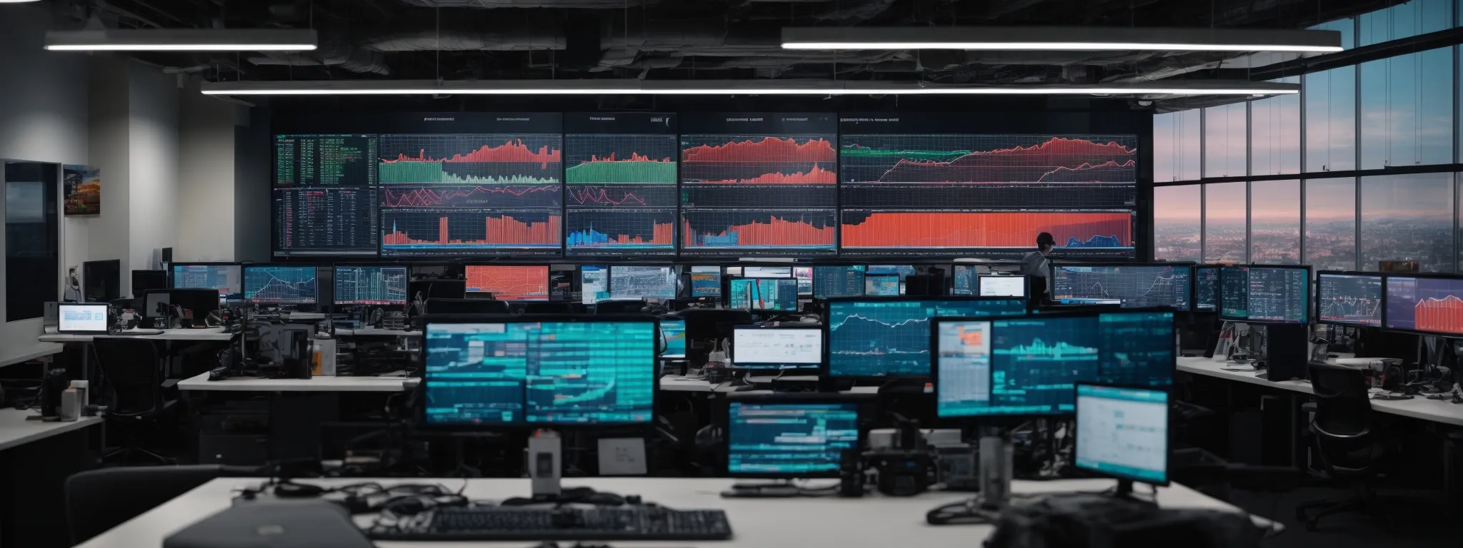 a panoramic view of an office with multiple screens displaying colorful graphs and analytics dashboards.