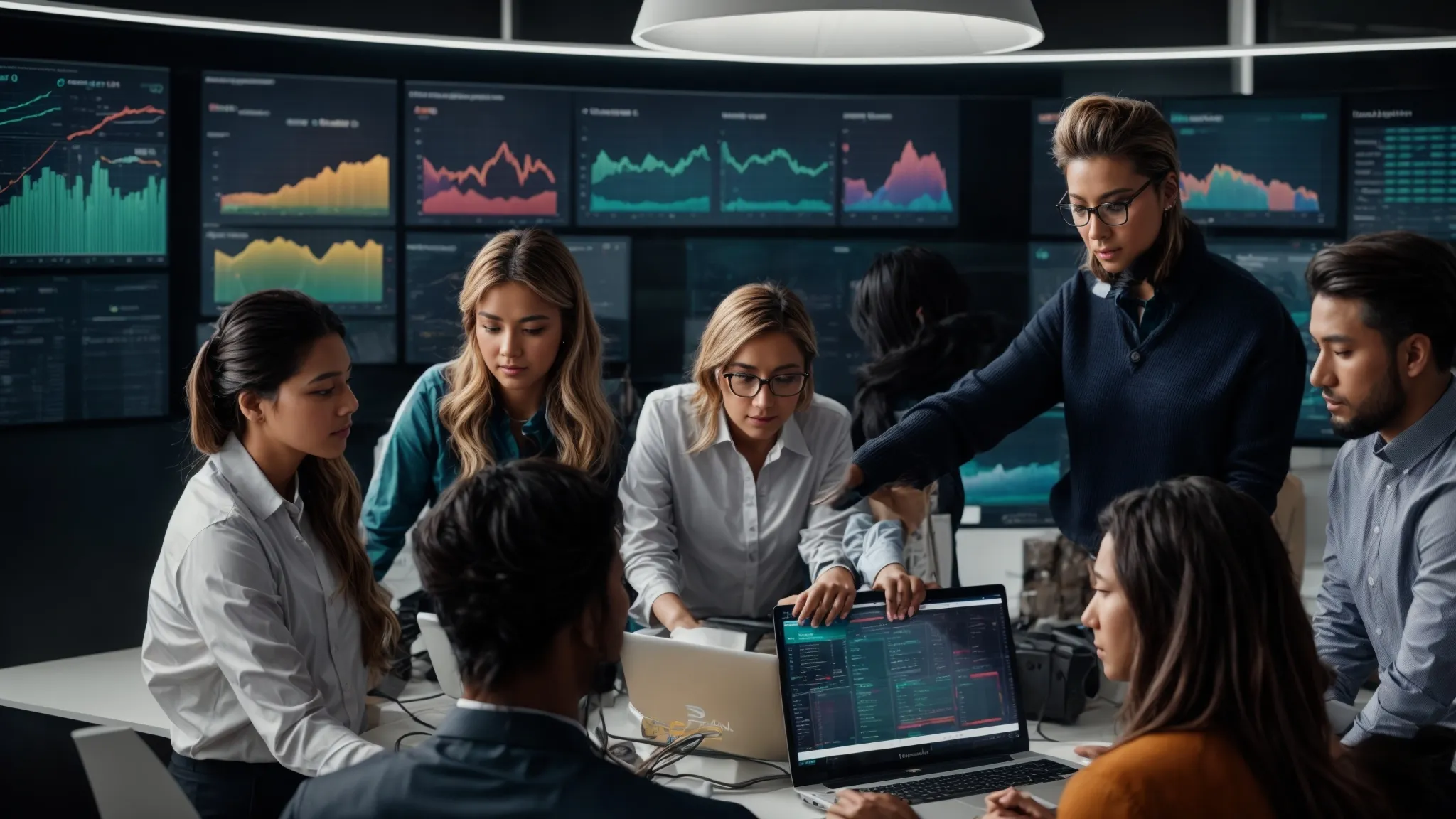 a diverse team of professionals collaborating around a large, sleek monitor displaying colorful graphs and data analytics dashboards.