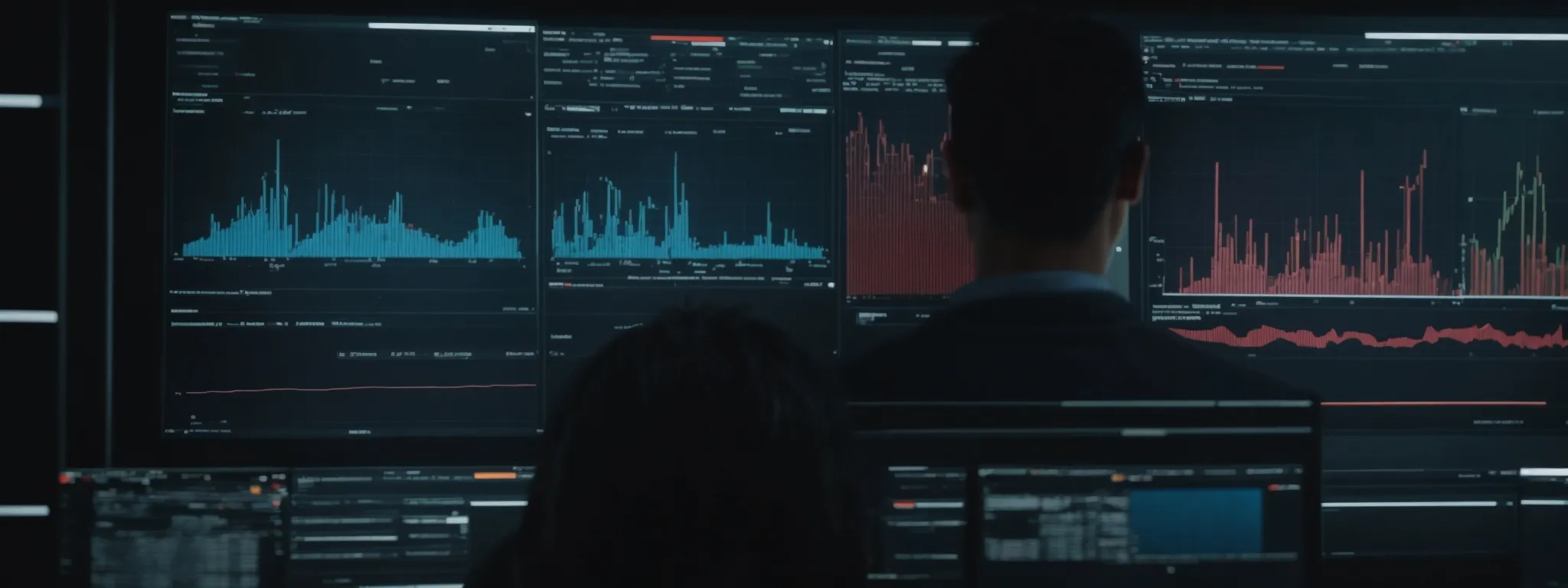 a person looking at analytics on a large screen displaying video performance graphs and data trends.