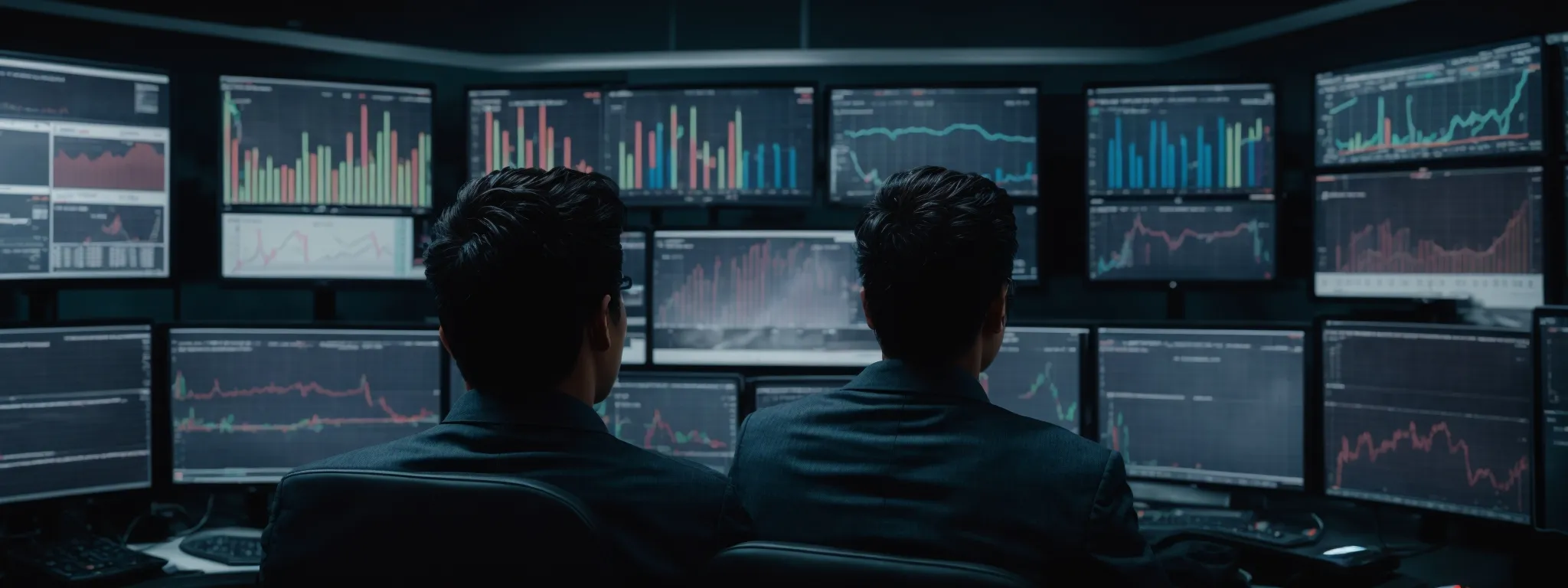 a person sitting in front of multiple screens displaying various graphs and data analytics dashboards.