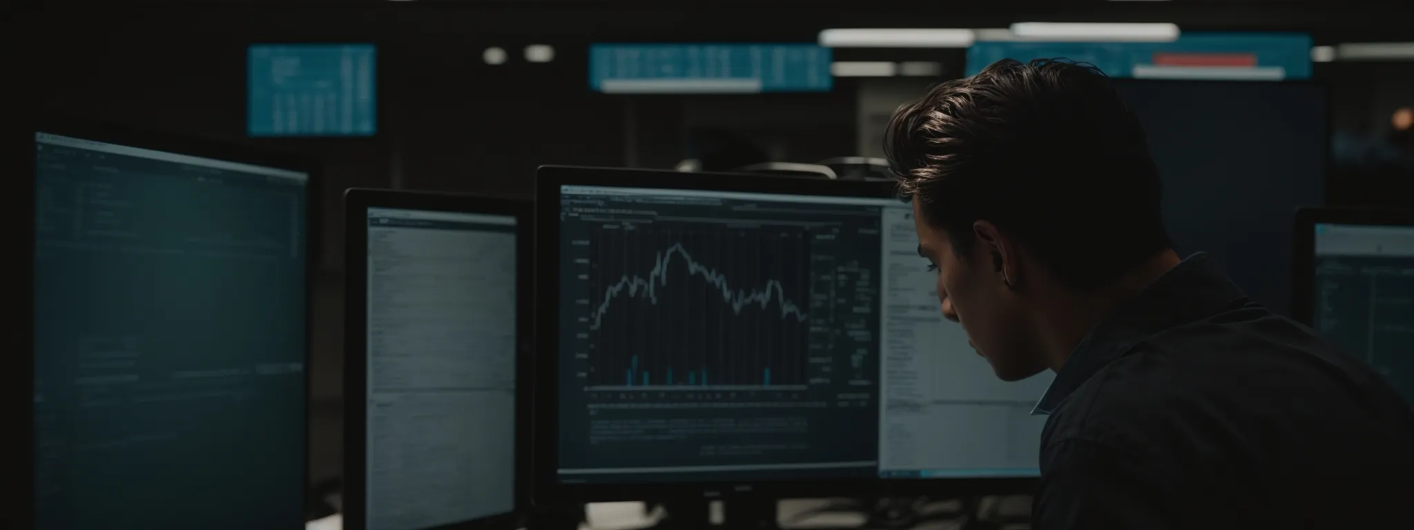a focused individual intently studies complex analytics on a computer screen within an office environment.