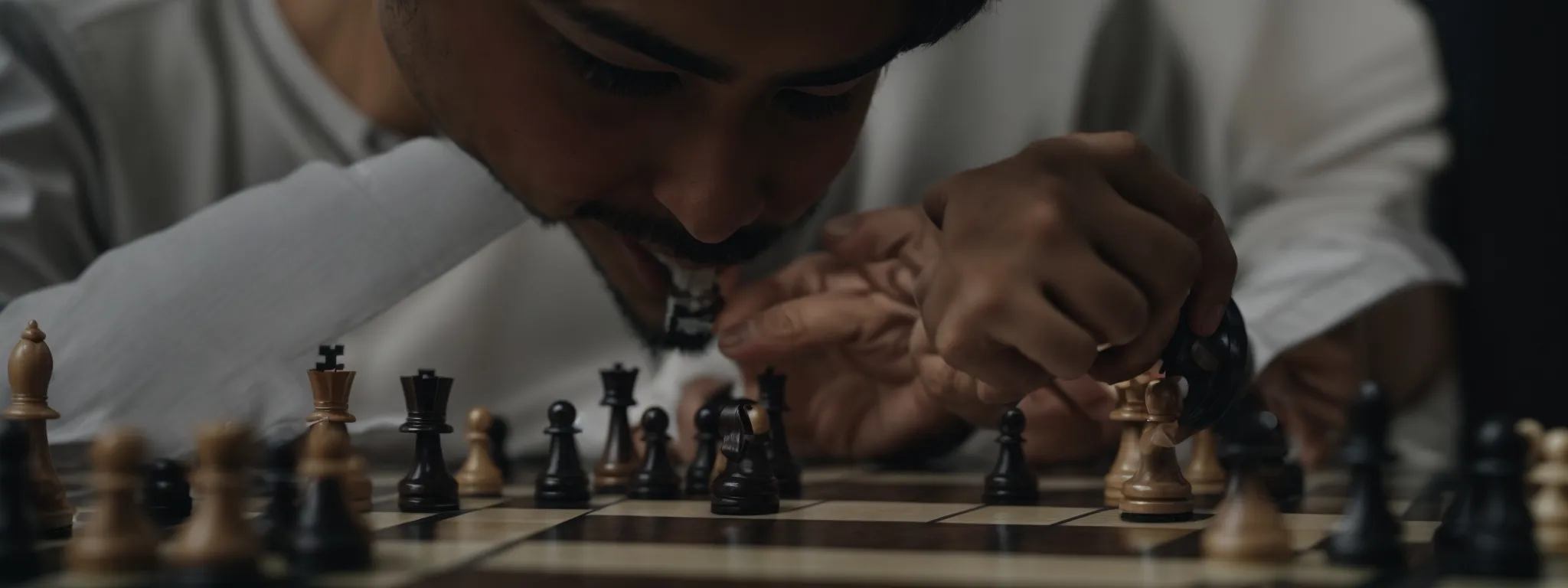 a chess player thoughtfully positions a piece on a chessboard, symbolizing strategic planning.