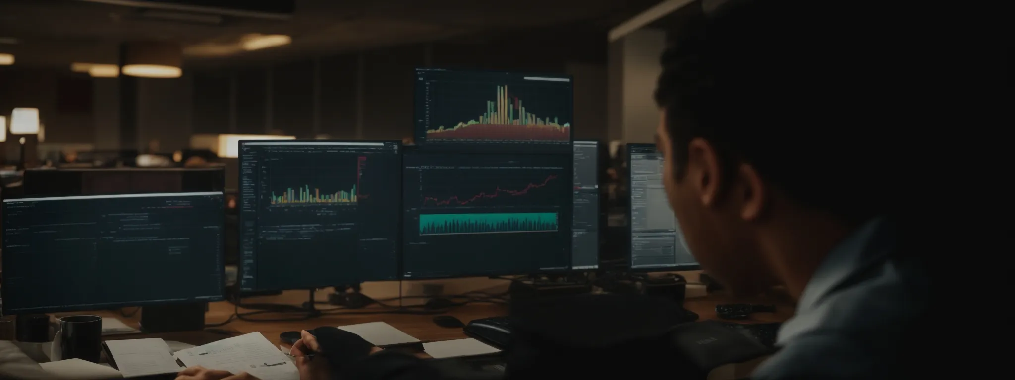 a marketer analyzing a dashboard of keyword performance metrics on a computer screen in a modern office setting.