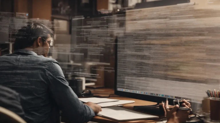 a marketer examines a list of trending search terms on his computer screen amidst a clutter of seo strategy notes.