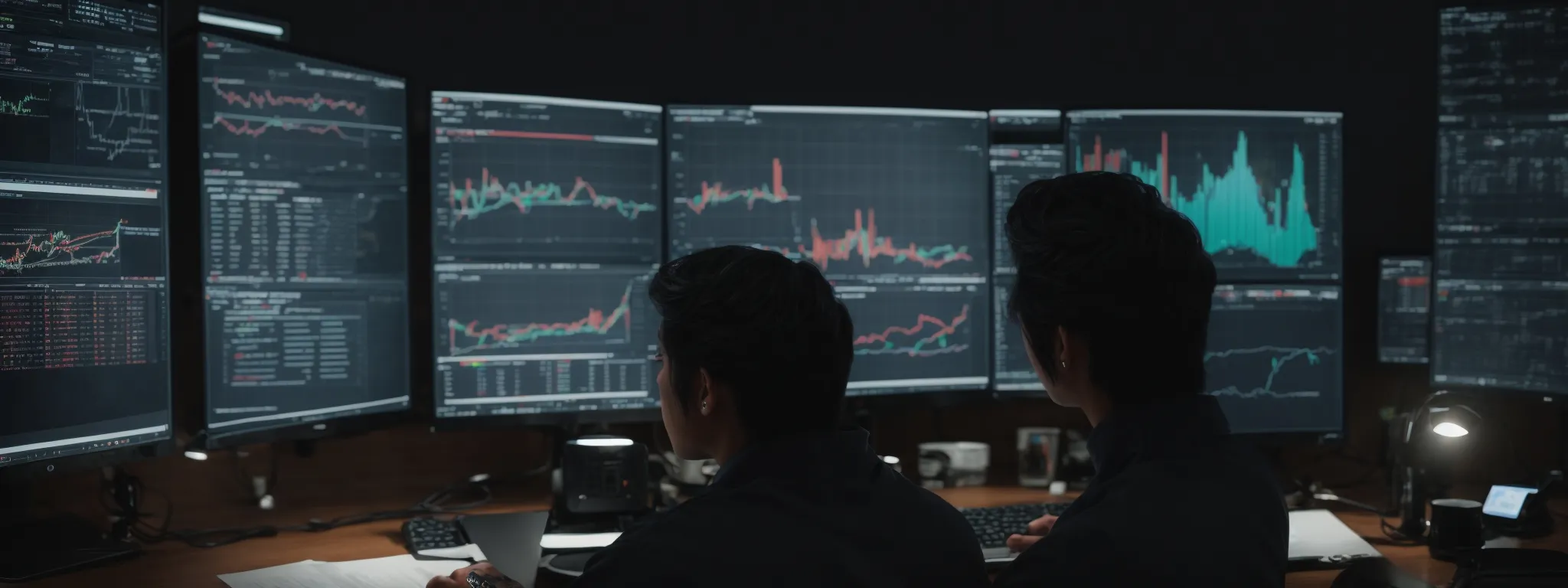 a person sitting at a computer with multiple charts and graphs on the screen, symbolizing advanced seo analysis and customization.