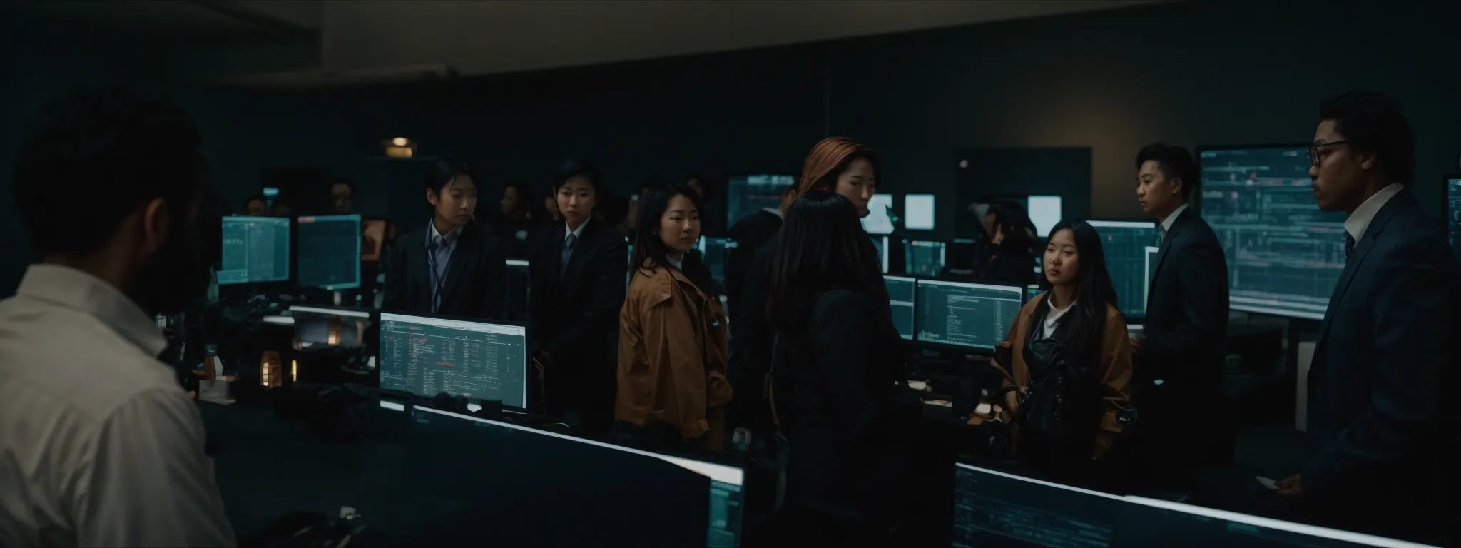 a group of diverse professionals gather around a large, illuminated computer screen to exchange ideas and strategies.