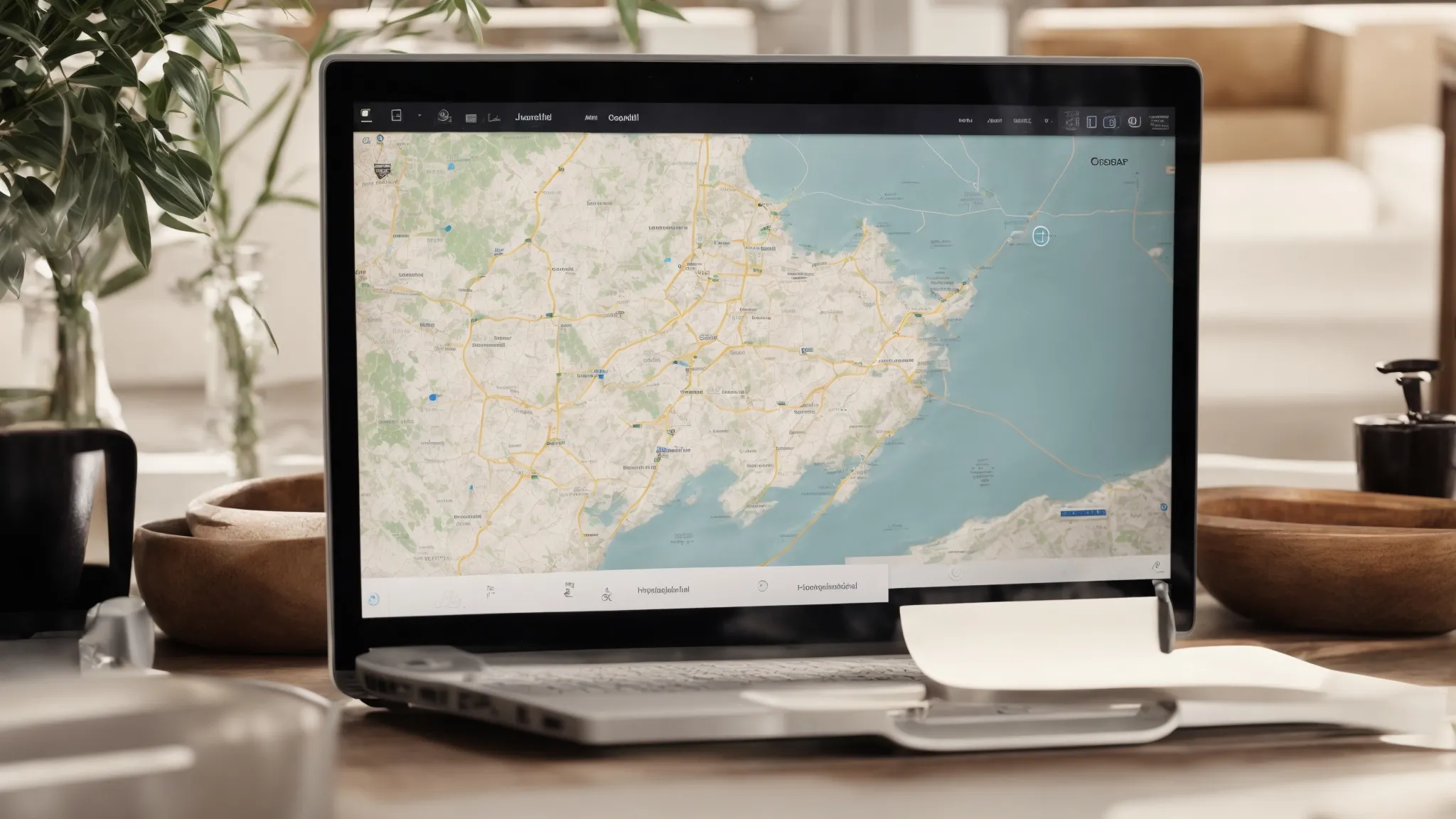 a desktop with an open laptop displaying a map and local businesses on the screen.