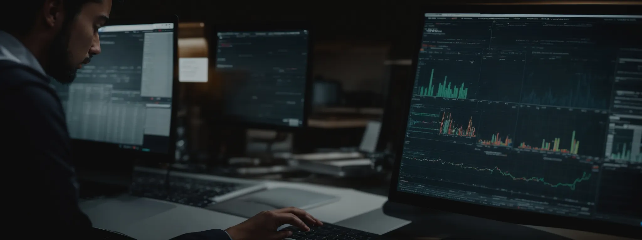 a marketer intently studies graphs and charts on a computer screen illustrating keyword performance metrics.