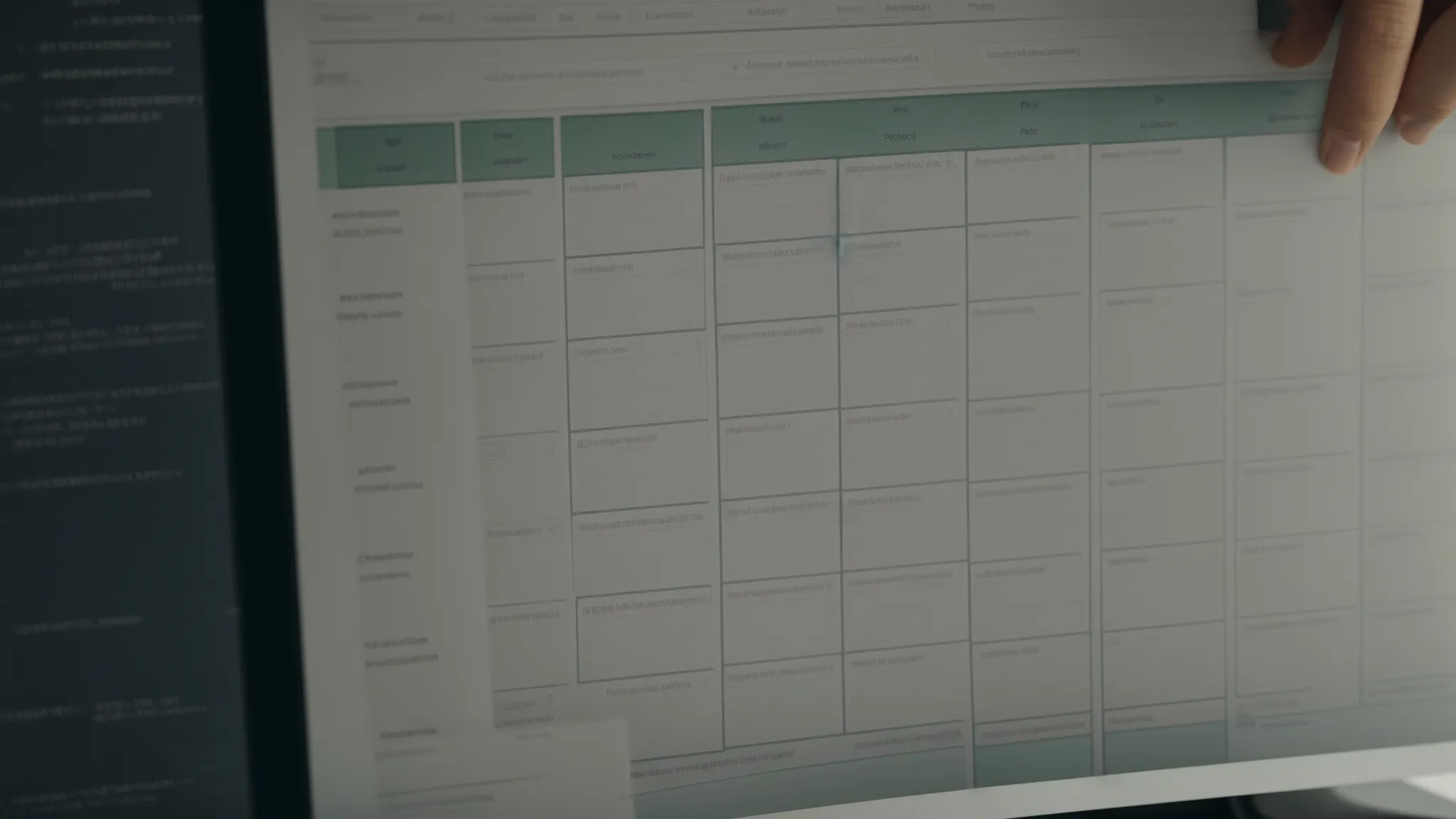 a person analyzing a spreadsheet full of keywords on a computer screen in a minimalist office setup.