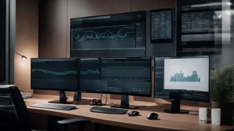a modern office with dual monitors displaying graphs and charts related to seo keyword performance.