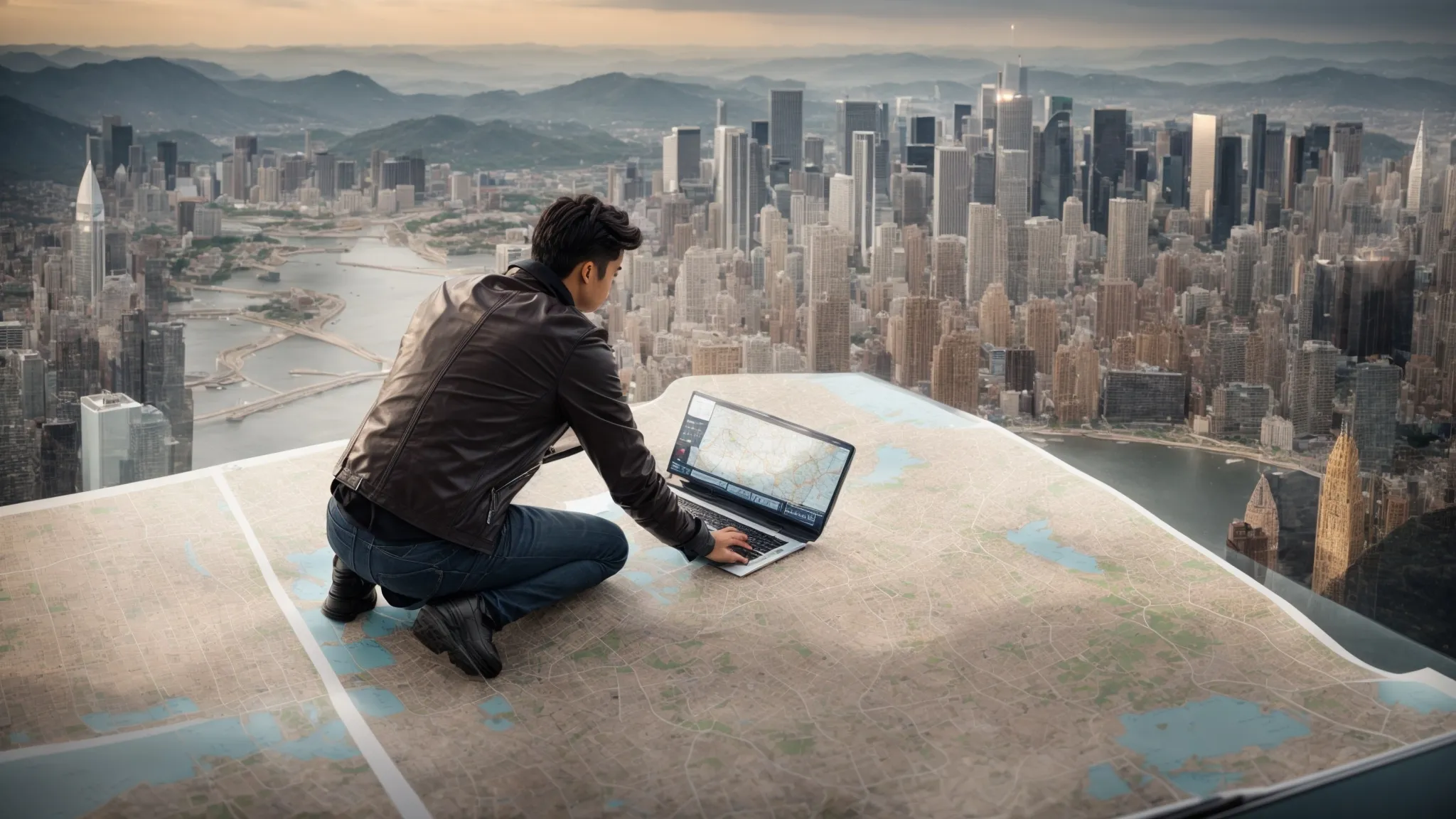 a person analyzes a map on a computer screen while surrounded by local landmarks and cityscape icons representing targeted geographic areas for seo.
