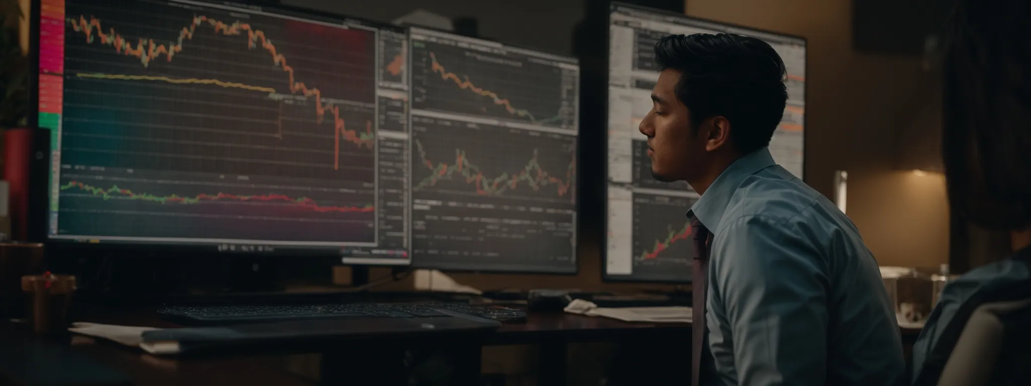 an entrepreneur eagerly scrutinizes a computer screen displaying colorful graphs and competitor analytics.