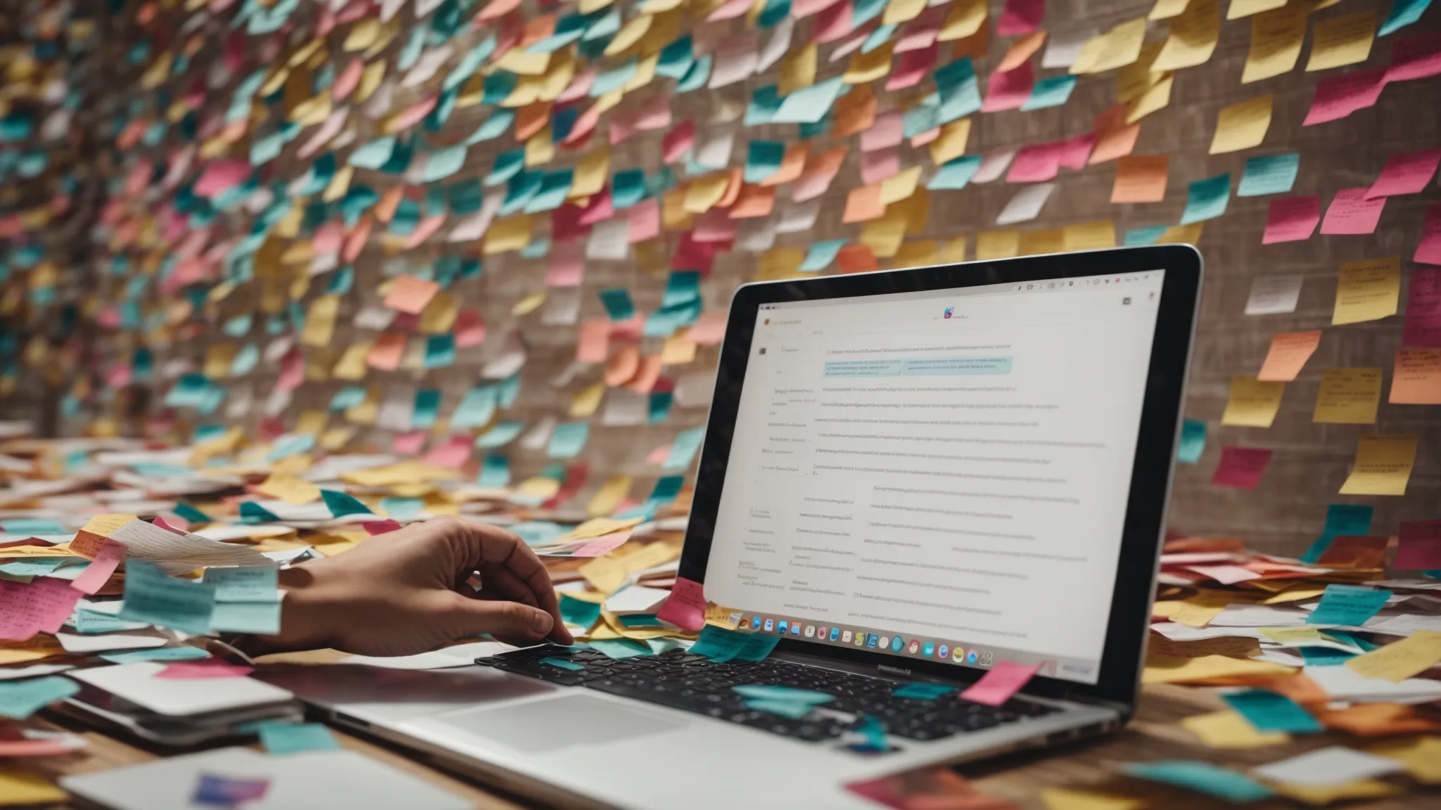 a person types on a laptop with a search engine on the screen, surrounded by notes and colorful sticky tabs.