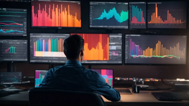 a person sitting in front of a computer with multiple colorful graphs and charts on the screen, representing data analysis for seo keyword research.