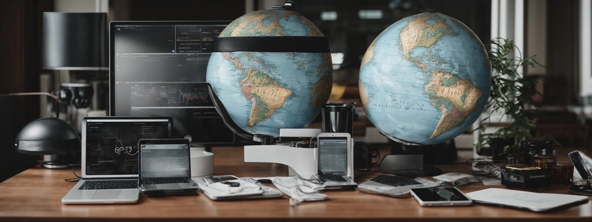 a globe surrounded by multiple digital devices showcasing seo analytics graphs and world languages.