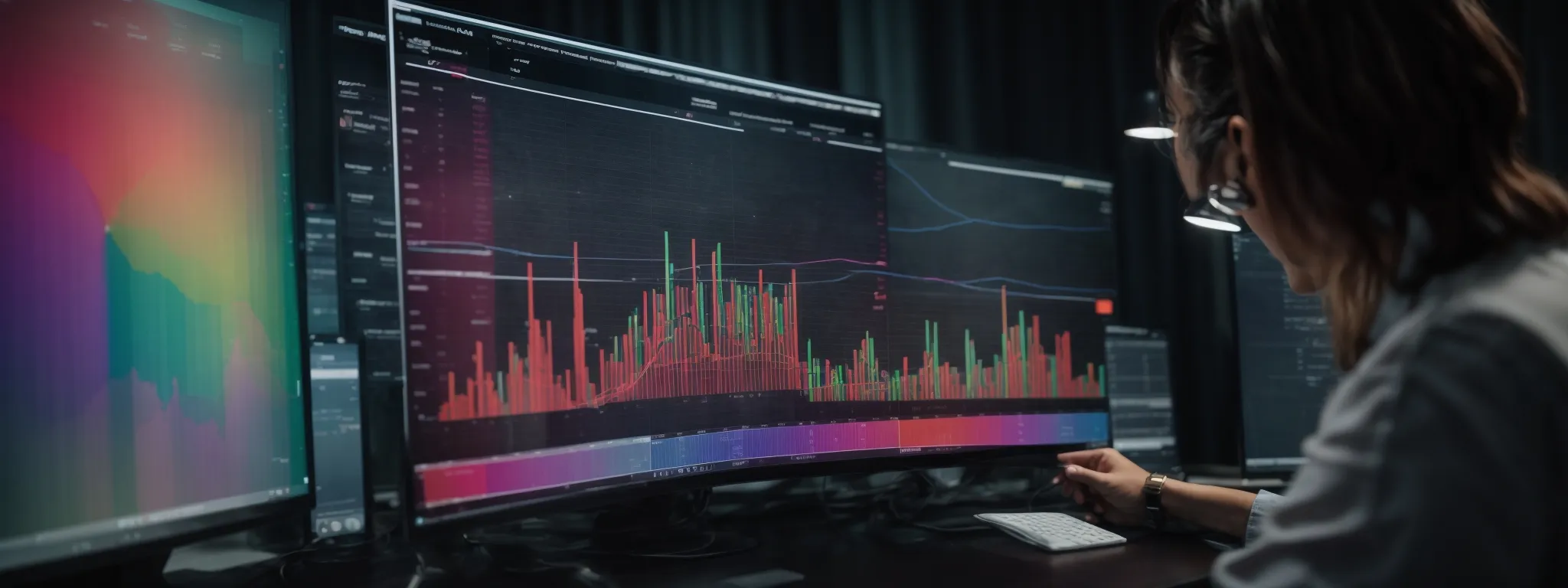 a marketer is reviewing a colorful data dashboard on a computer screen, studying graphs and trend lines that represent search keyword performance.