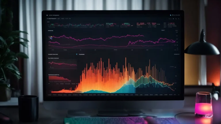 a person sits in front of a computer screen, analyzing a colorful chart of search engine data trends.