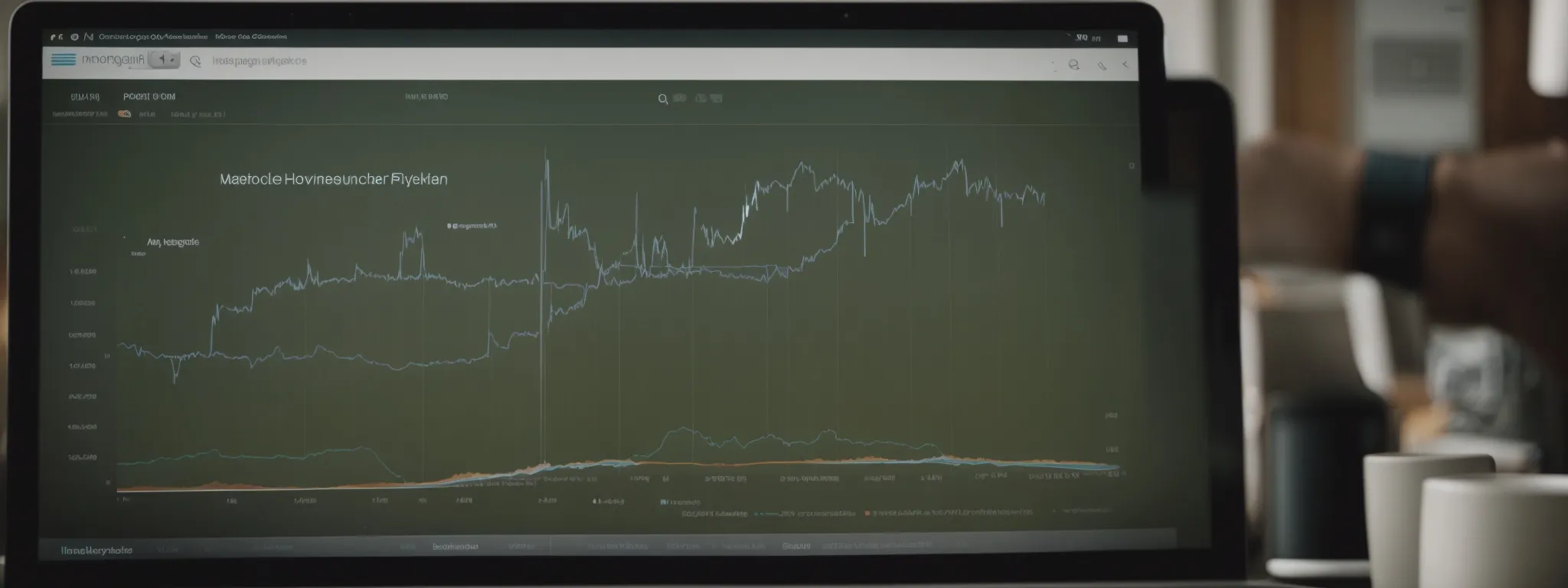 a digital marketer observes a graph showing seasonal keyword popularity peaks while adjusting a marketing campaign on a computer screen.
