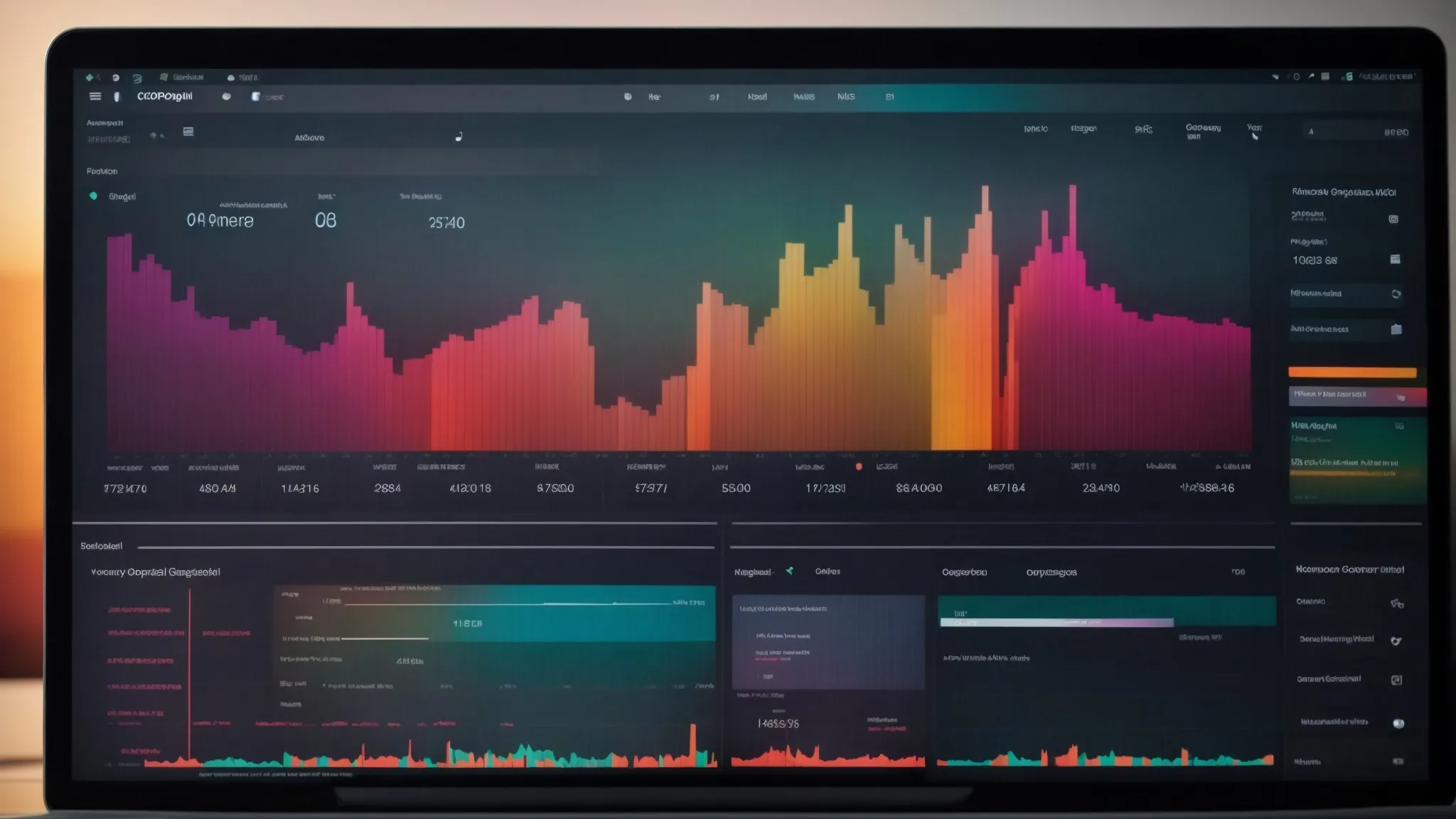 a computer screen displays colorful graphs and lists of keyword analytics on a search engine optimization tool.