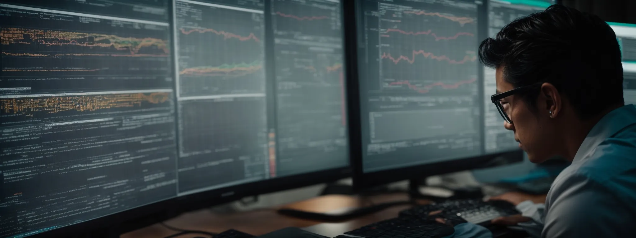 a person is analyzing a complex data dashboard on a computer screen, reflecting the intricacies of seo strategies.