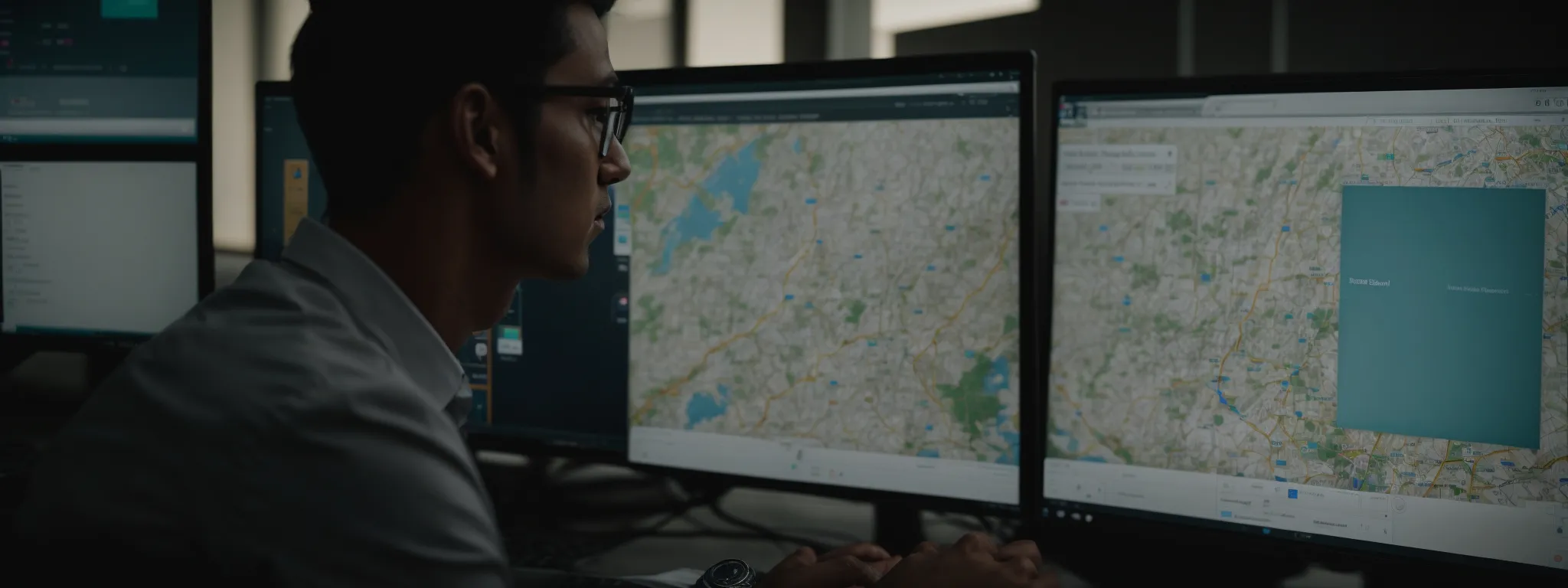 a marketing professional reviews analytics on a computer, highlighting maps and location data.