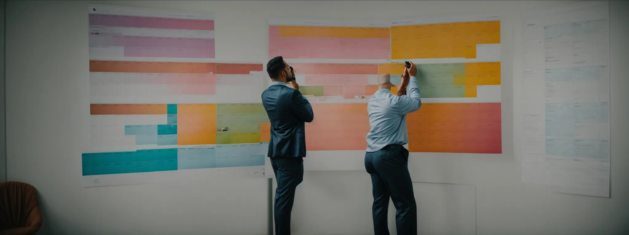 a marketer is strategizing in front of a large wall calendar filled with color-coded content plans and keywords.