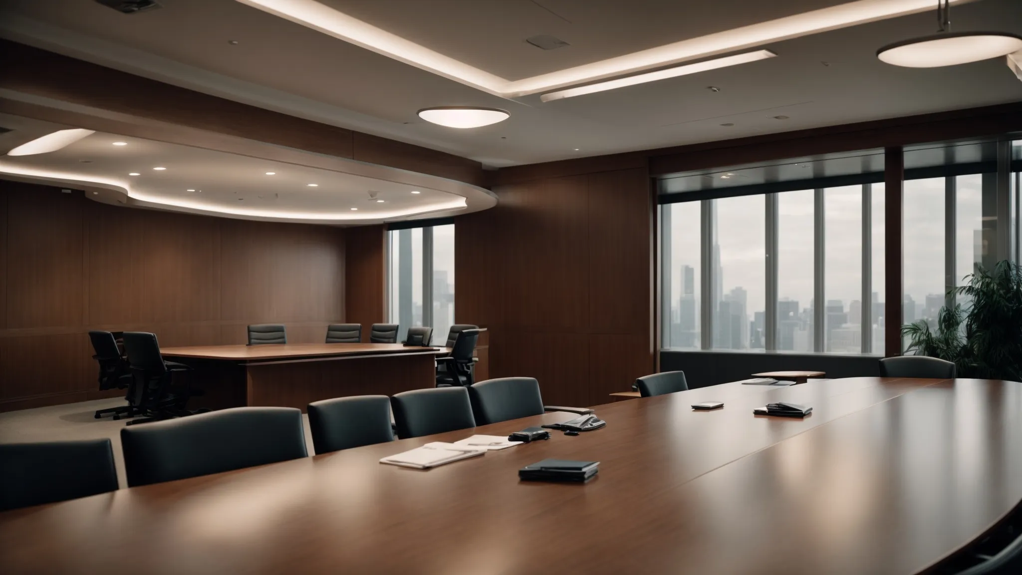 a formal office setting with a conference table where two attorneys are consulting with a client.