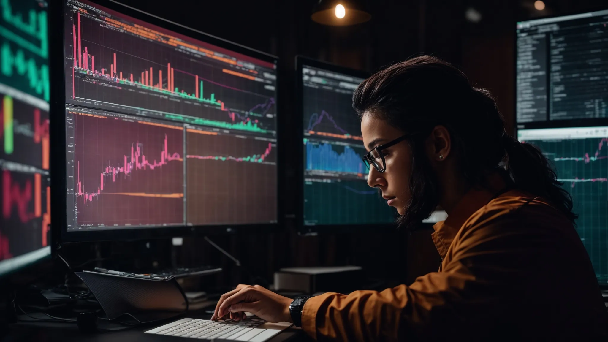 a marketer analyzing colorful charts and graphs on a computer screen to optimize a website's seo strategy.