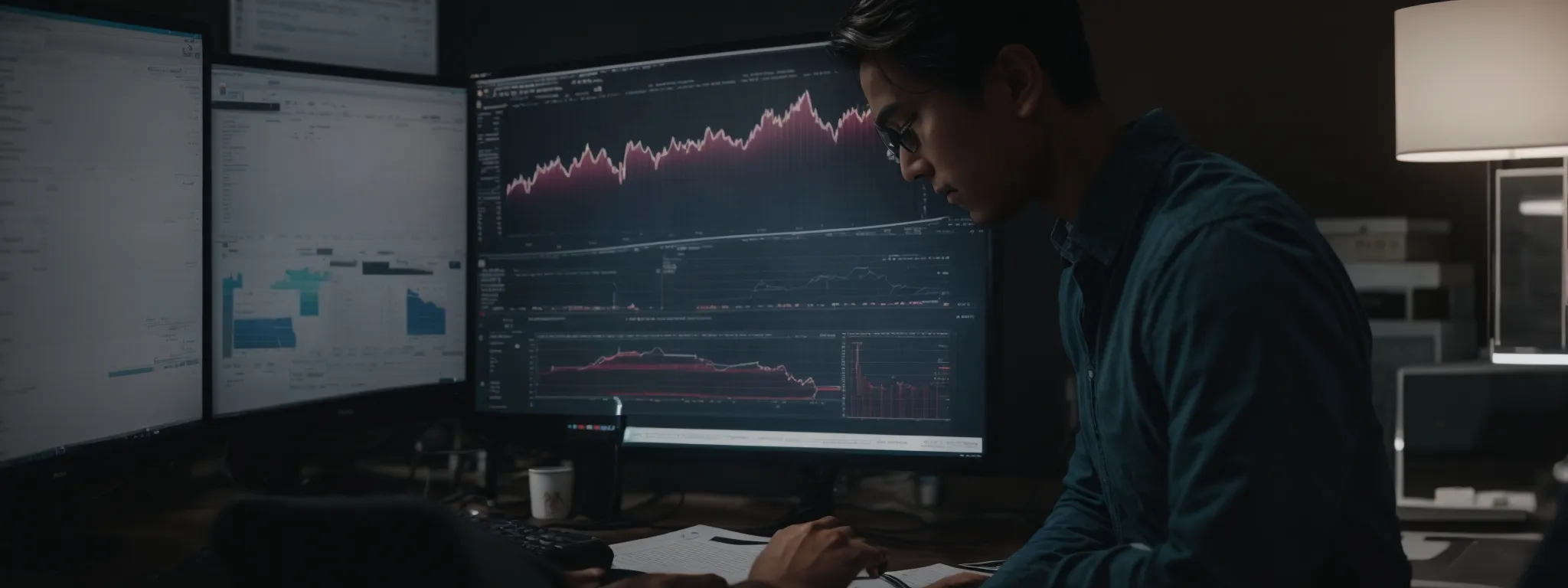 a focused individual intently studies a series of graphs and data analytics on a computer screen, strategizing an seo campaign.