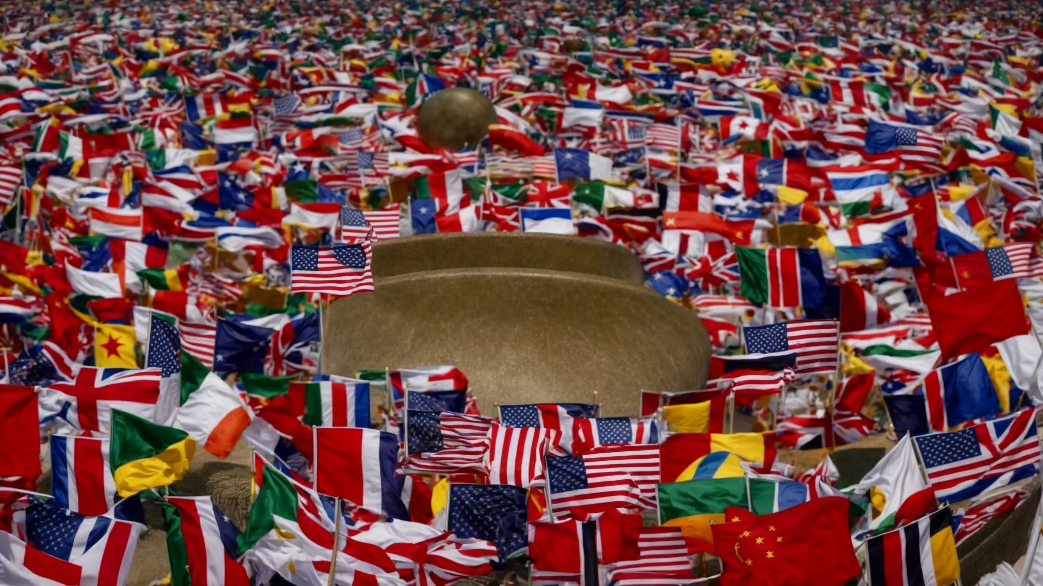 a globe surrounded by multiple flags, with a magnifying glass resting on top.